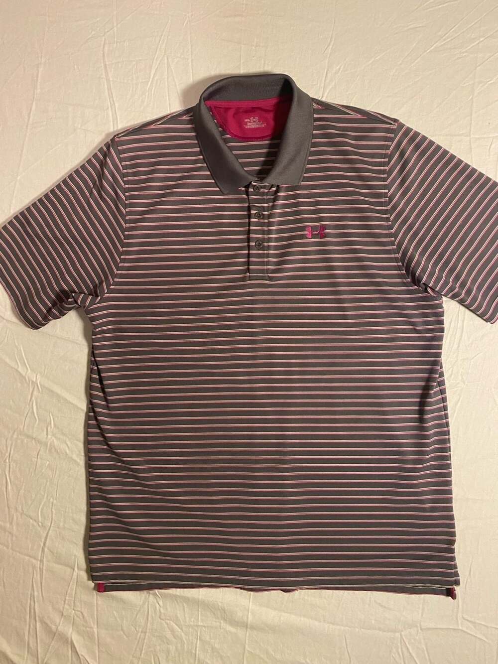 Under Armour HeatGear Men's Gray and Pink Striped Performance Polo Shirt. (1004)